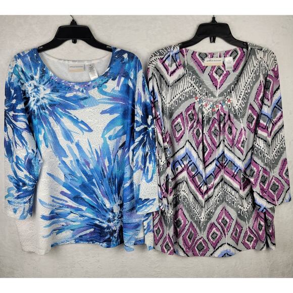 Bohemian 2X Knit Tunics Pullover Purple Blue Jeweled Printed Tops Casual 2 Lot - Picture 1 of 15